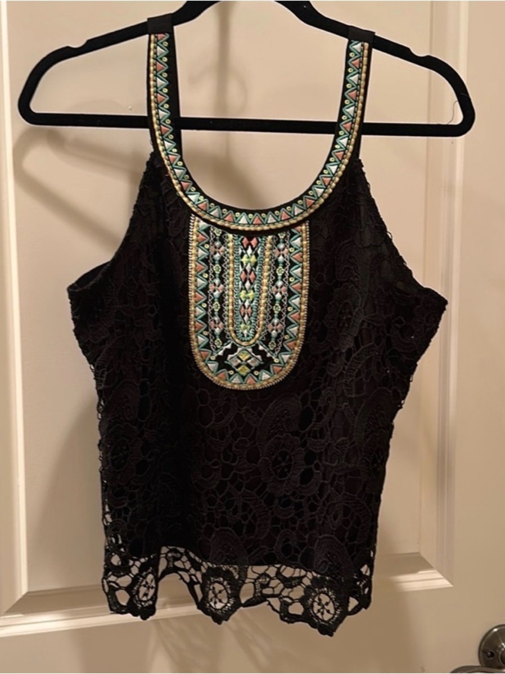 Lulumari Black Crochet Crop Top with Multicolor Embroidered Yoke